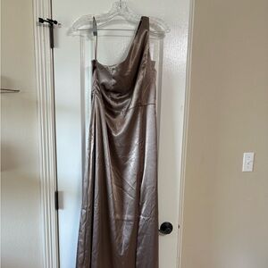 Birdy Grey One-Shoulder Satin Dress in Taupe